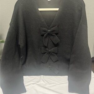 CeCe Black V-Neck Sweater with Bow Details